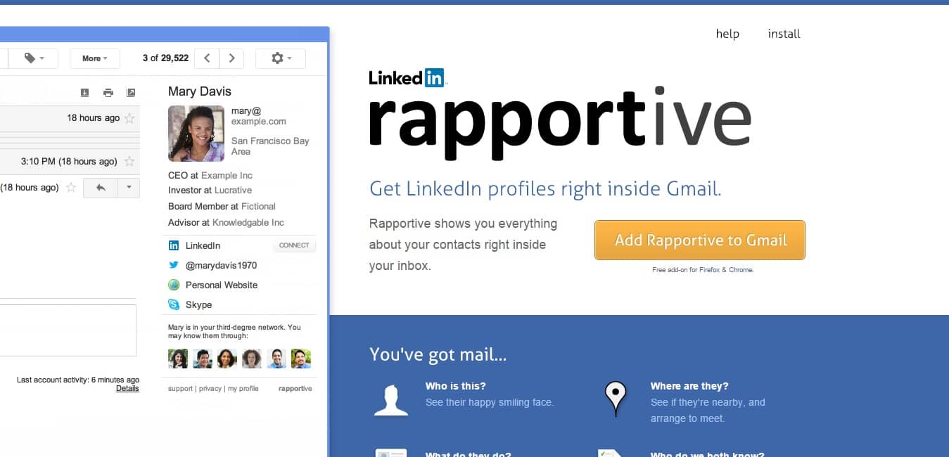 The Rapportive sidebar inside Gmail, showing a contact's photo, roles, LinkedIn, Twitter and Skype profiles next to the LinkedIn-era Rapportive homepage